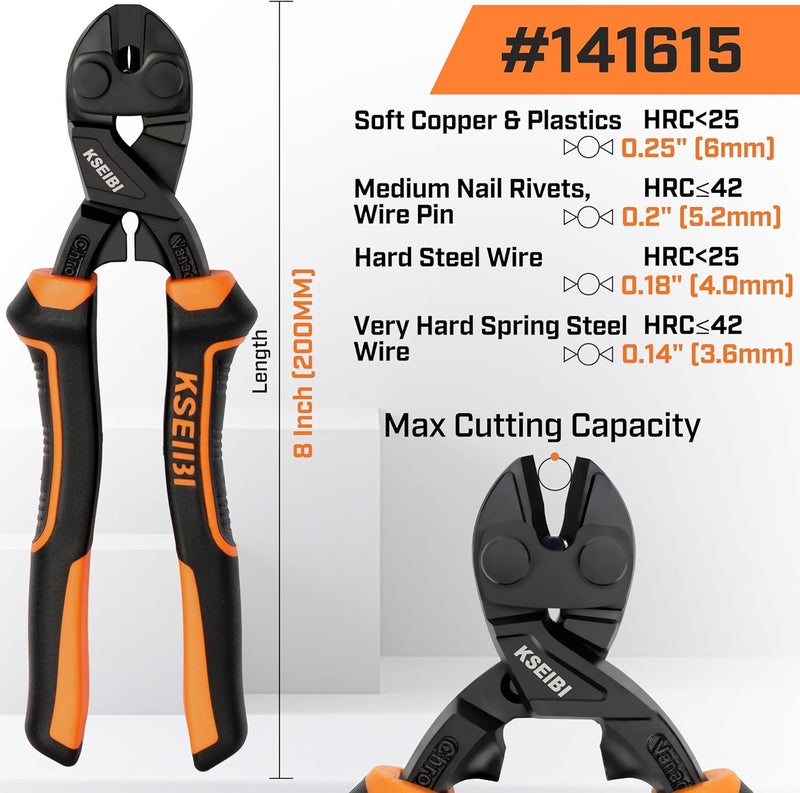 KSEIBI 8-Inch Mini Bolt Cutters Heavy Duty - Compact Bolt Cutter with Anti-Slip Handle for Wire, Cables, Chains, Small Screws - Handy Tool Featuring High Leverage Design and CrMo Blades - 161615 - Image 4